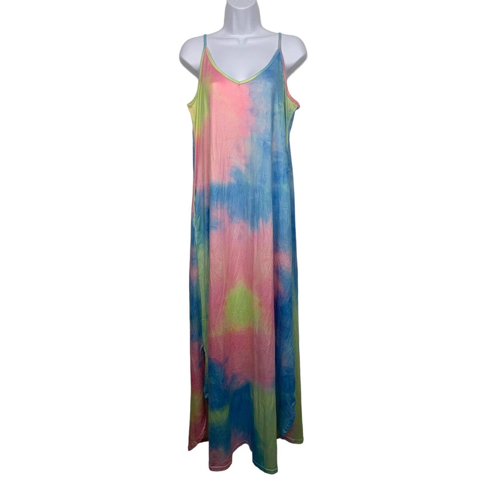 NWOT Newchoice Womens size L Multicolor Pastel Maxi Dress Adjustable Straps